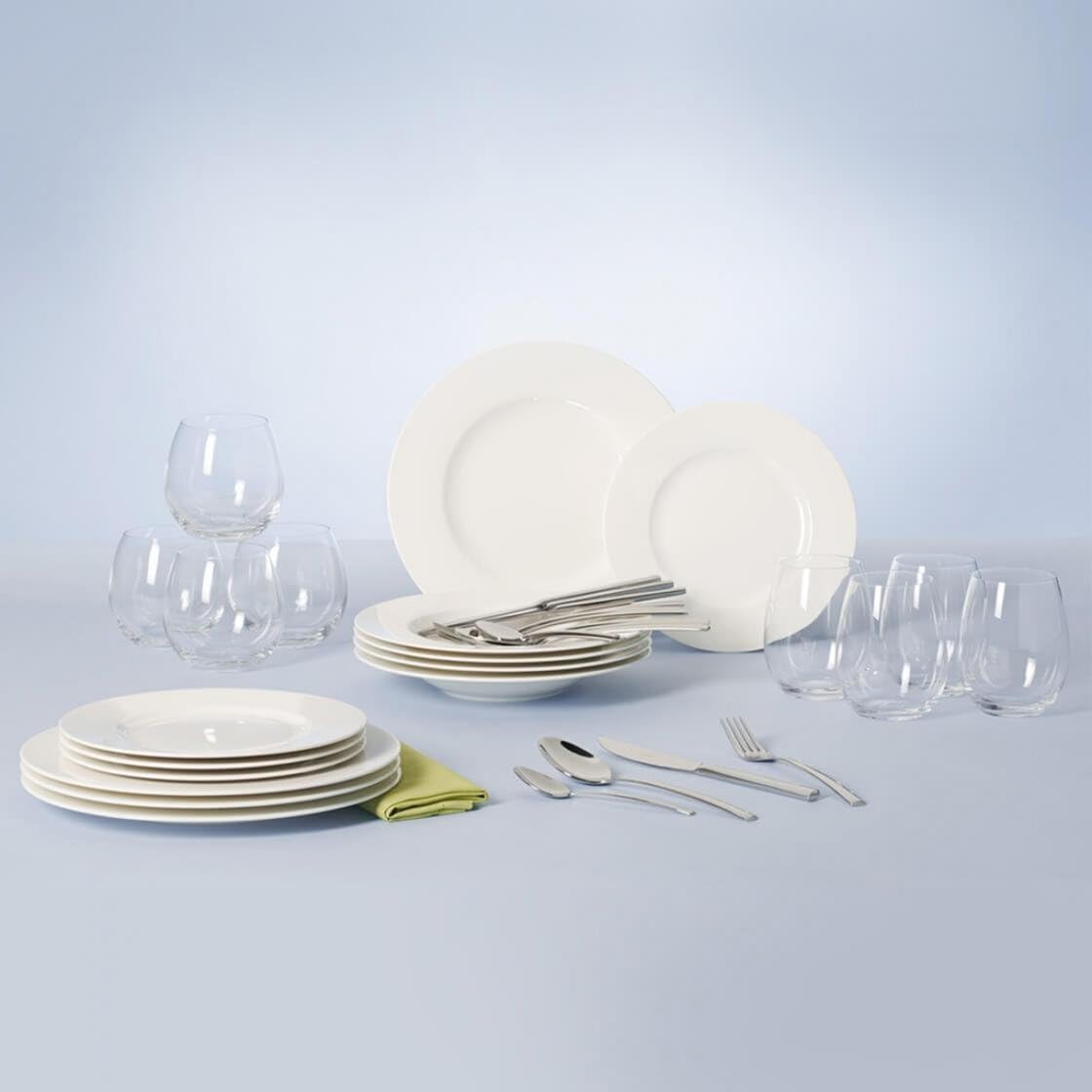 Villeroy und Boch - Wonderful World White 4 Friends Tafel Set, 36 tlg. Service für Feste, Premium Porzellan, weiß, 18/10 Edelstahl, Kristallglas