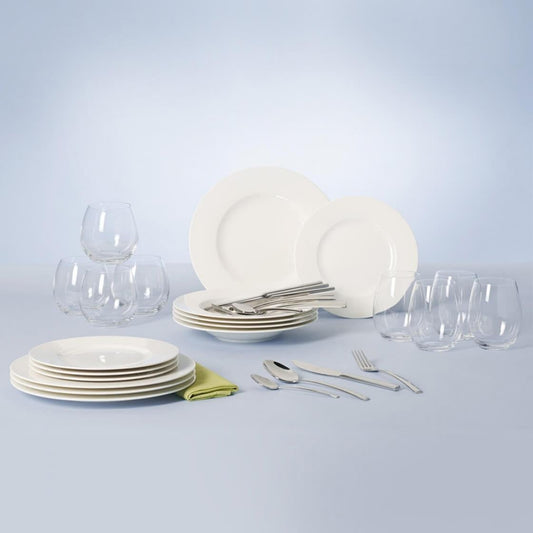 Villeroy und Boch - Wonderful World White 4 Friends Tafel Set, 36 tlg. Service für Feste, Premium Porzellan, weiß, 18/10 Edelstahl, Kristallglas