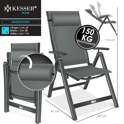 KESSER® Gartenstuhl Hochlehner mit Armlehnen Aluminium Klappstuhl mit Kopfkissen & Cover Campingstuhl 7-Fach Verstellbar Rückenlehne Atmungsaktiv & Wetterfest Klappbar & Anti-Rutsch Anthrazit