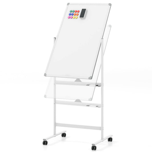 COSTWAY Doppelseitiges mobiles Whiteboard, 60 x 100 cm, höhenverstellbares magnetisches Whiteboard mit Rollen, Ständer und Stiftablage, inkl. Zubehör für Schule, Büro, Zuhause (Weiß)