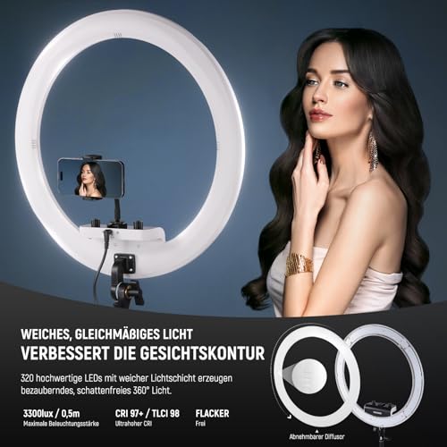 NEEWER Professionelles Ringlicht mit Ständer und Telefonhalter, 18" dünn, 45W 2900K-7000K TLCI98, Fernauslöser und App Steuerung, weichere Beleuchtung für Make up Live Stream TikTok, RP18B Pro Weiß