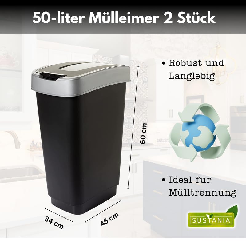 SUSTANIA Duo Mülleimer Küche 2 Fächer 50L - Geruchsdicht Doppel Abfalleimer mit Schwingdeckel 2x50 Liter Groß, 60x45x34 cm, Robust Recycelbarer Kunststoff, Schwarz/Silber, Made in EU