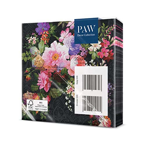 PAW - Servietten 3-lagig (33 x 33 cm) I 20 Stück I Perfekt für Geburtstage, Partys, Hochzeiten, Kommunion und Feiern I Papierservietten Bunt - Elegante Blumen I Farbe: Roses on Velvet
