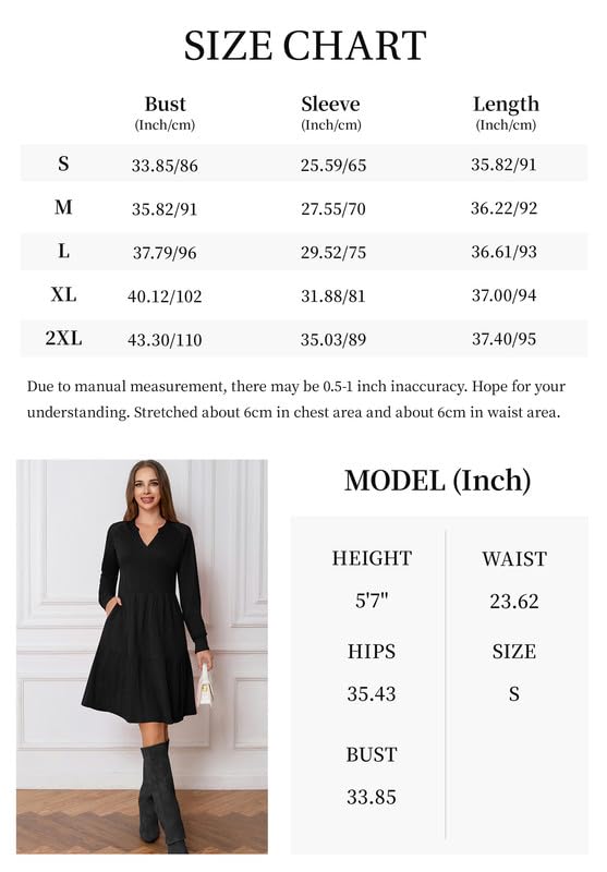 Ritiriko Damen Strickkleid Langarm V-Ausschnitt Pulloverkleid Elegant Knielang Herbstkleid Casual Gestrickt Kleid Herbst Winter A Linien mit Taschen Schwarz S