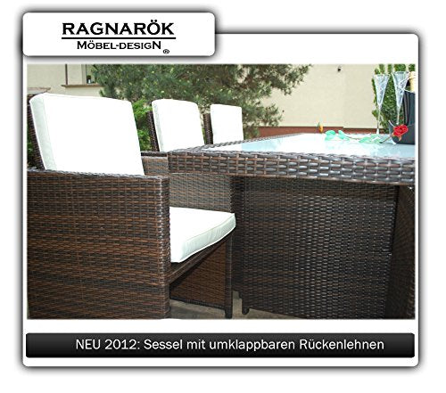 Ragnarök-Möbeldesign PolyRattan Essgruppe DEUTSCHE Marke - EIGNENE Produktion Tisch + 6 Stuhl & 4 Hocker - 8 Jahre GARANTIE - Garten Möbel incl. Glas und Sitzkissen braun Gartenmöbel