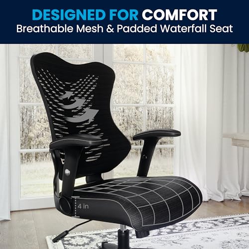 Flash Furniture Bürostuhl, ergonomisch, mit Netz-Rückenunterstützung, hoher Rückenlehne, höhenverstellbarem Sitz und feststellbarem Kipphebel, schwarz, 64 x 65 x 109 cm