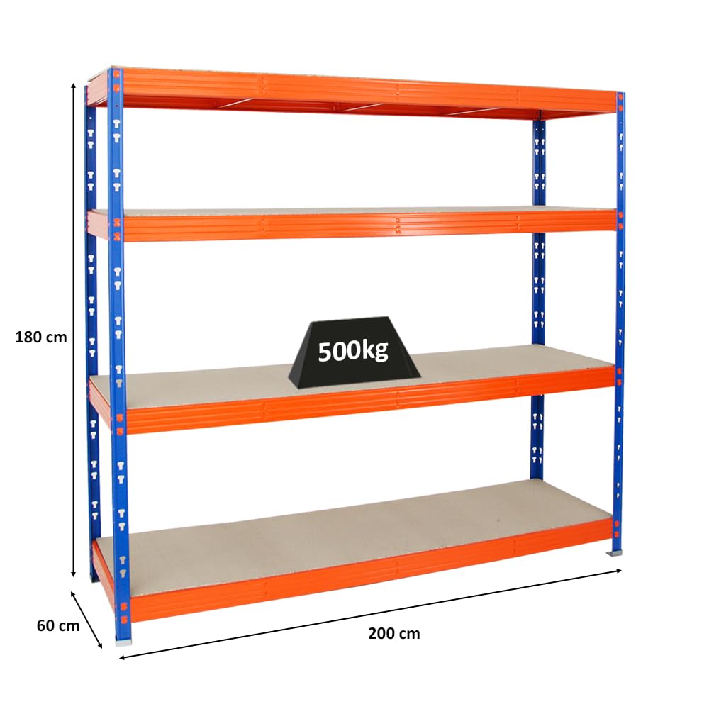 PROREGAL Profi Schwerlastregal Rhino EXTRA BREIT blau/orange HxBxT 180x200x60cm Fachlast 500kg 4X Spanplatten-Ebenen 8mm Garagenregal, Lagerregal, Steckregal, Weitspannregal