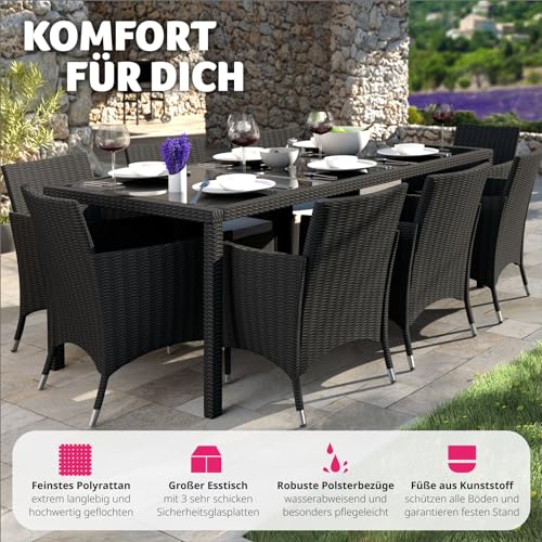 tectake® edles Outdoor Gartenmöbel Set Rattan Sitzgruppe mit Sessel und Tisch für 8 Personen, inkl. Schutzhülle und Polstern, Balkon Möbel wetterfest - schwarz/grau