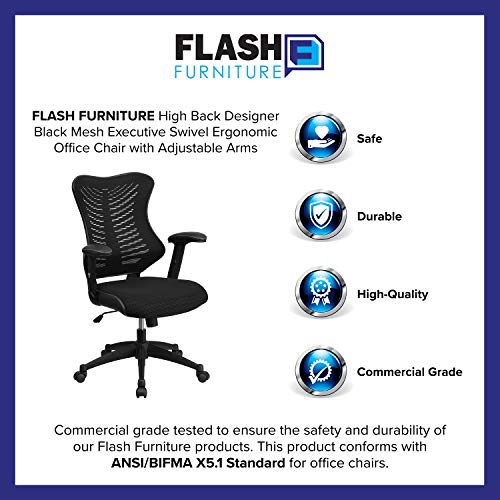 Flash Furniture Bürostuhl, ergonomisch, mit Netz-Rückenunterstützung, hoher Rückenlehne, höhenverstellbarem Sitz und feststellbarem Kipphebel, schwarz, 64 x 65 x 109 cm
