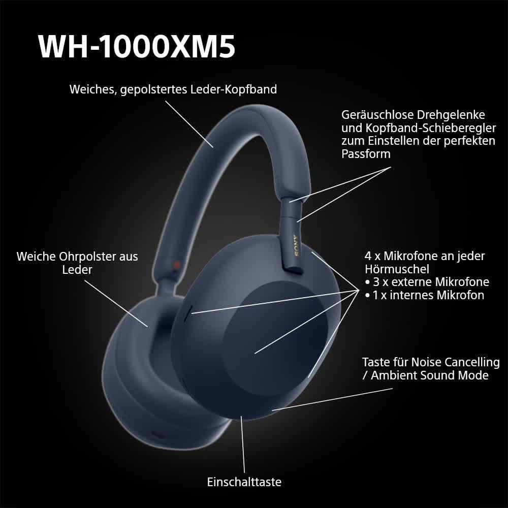 Sony WH-1000XM5 Wireless Noise Cancelling Headphones (30h Battery, Touch Sensor, Quick Charge Function, Optimised for Amazon Alexa, Headset with Microphone) Midnight Blue, Blau