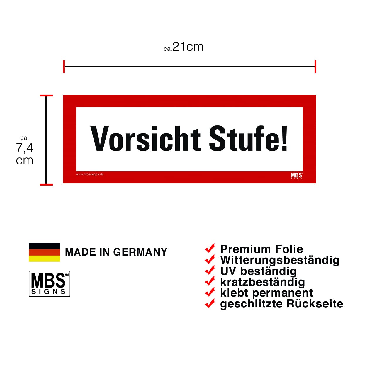 3 Stück – Aufkleber Warnung „Vorsicht Stufe!“ Hinweis Sturzgefahr Schild Folie ähnl. DIN 4066 | 21x7,4cm Made in Germany