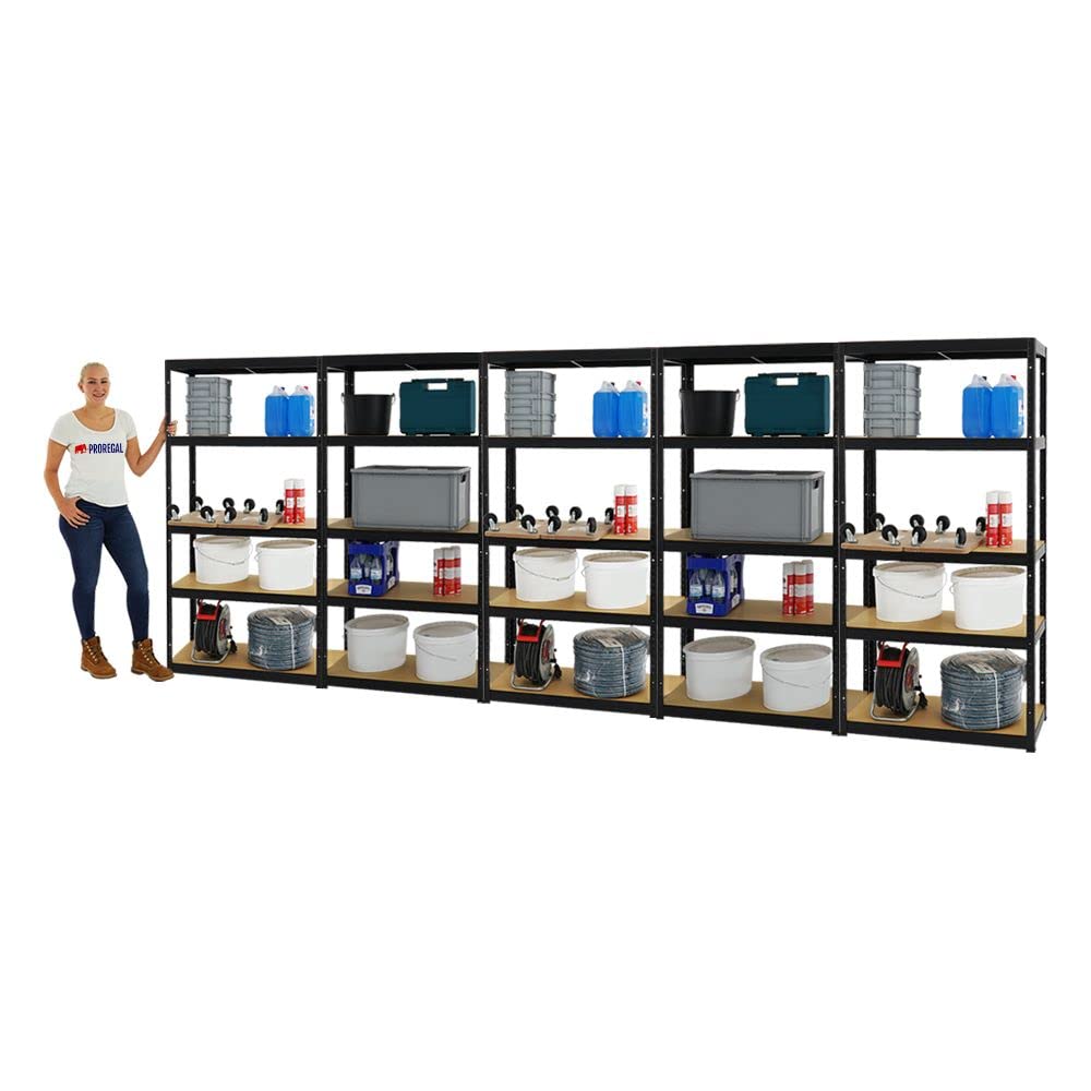 PROREGAL Mega Deal 5er-Set Schwerlastregale Slim Elephant 180x90x45cm mit 5 Ebenen Fachlast 350kg Schwarz