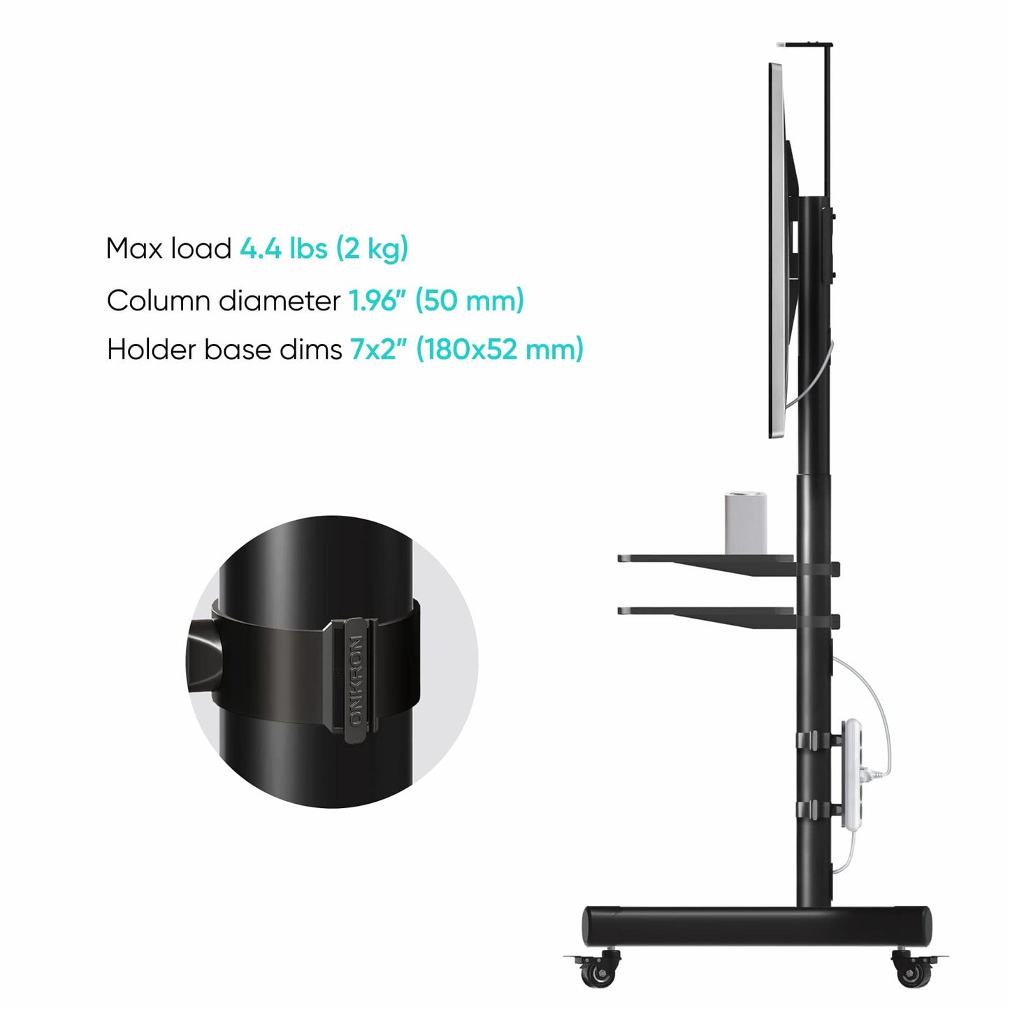 ONKRON TV Ständer TV Standfuss TV Rollwagen Verlängerungs-Netzfilterhalter Halterung für TS1881 ⌀50 mm APS1881 Schwarz