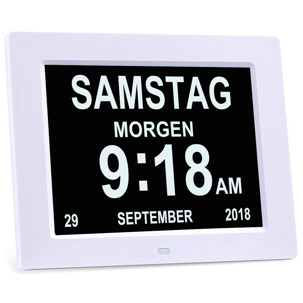 SENXINGYAN 8" Digital Wecker,Digitaler Kalender Tag Uhr Für Demenz sehschwachen Gelesen Werden,Kinder, Senioren, Sehschwache und Alzheimer Patienten (Weiß)