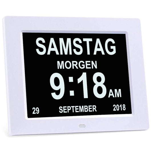 SENXINGYAN 8" Digital Wecker,Digitaler Kalender Tag Uhr Für Demenz sehschwachen Gelesen Werden,Kinder, Senioren, Sehschwache und Alzheimer Patienten (Weiß)