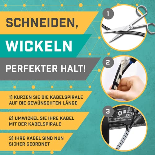 Kabelkanal - Schreibtisch & TV Kabel Organizer 10 m fur Kabelmanagement - Kabelschutz, Flexibler Spiral-Kabelschlauch mit 6mm - 60mm Durchmesser zur Kabelführung (Schwarz)