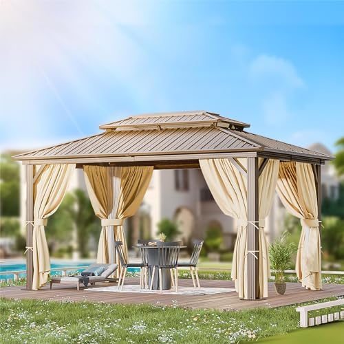 HOTEEL 3x3.65m Hardtop Pavillon Wasserdicht Stabil Winterfest, Gartenpavillon Metall mit Verzinkter Stahl Doppeldach, Alu-Rahmen, Schwer Entflammbare Vorhänge & Moskitonetz, Braun (2025 Aufrüstung)