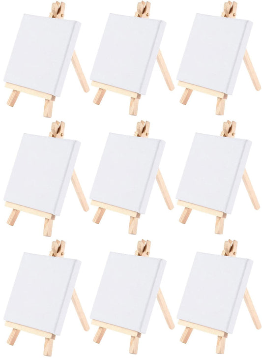 9 Stück Mini Leinwand mit Mini Staffelei, Mini Holz Dekoration Staffelei Kleine Holz Dreieck Staffelei für Display, Fotos, Visitenkarten, Fotoalben, Poster Foto Memo, Malhandwerk