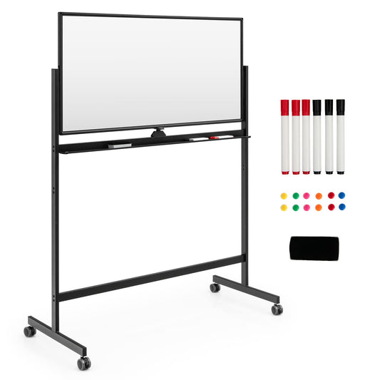 GOPLUS Whiteboard magnetisch mit Ständer, doppelseitiges Whiteboard mit Zubehör Set, Trocken abwischbar, mobiles Whiteboard höhenverstellbar, für Schule, Büro, Zuhause (Schwarz, 120 x 60cm)