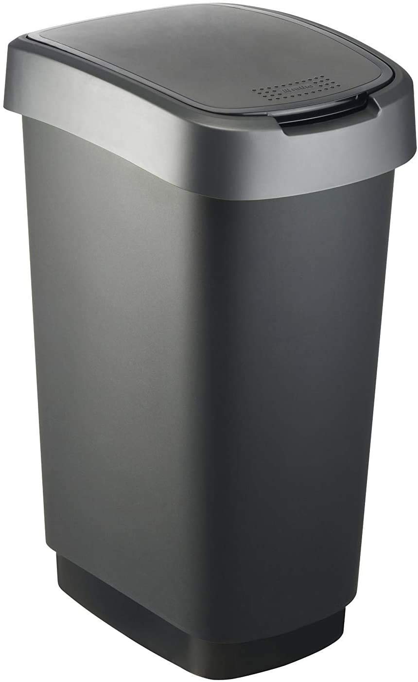 Rotho Twist Mülleimer 50l mit Deckel, als Schwing oder Klappdeckel nutzbar, Kunststoff (PP) BPA-frei, schwarz/silber, 50l (40.1 x 29.8 x 60.2 cm)