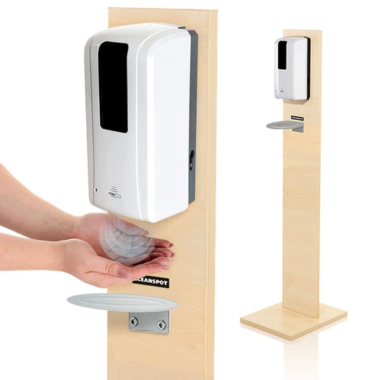 KRIEG Desinfektionsmittelständer Holz Sensor Auffangschale I AHORN I Kontaklose Hygienestation 1000 ml - 333 Sprühstöße I Desinfektionsstation freistehend, Stand, touchless I Ready to go