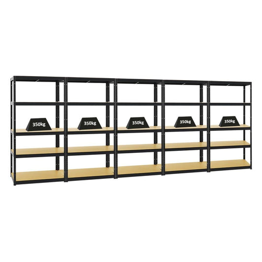 PROREGAL Mega Deal 5er-Set Schwerlastregale Slim Elephant 180x90x45cm mit 5 Ebenen Fachlast 350kg Schwarz