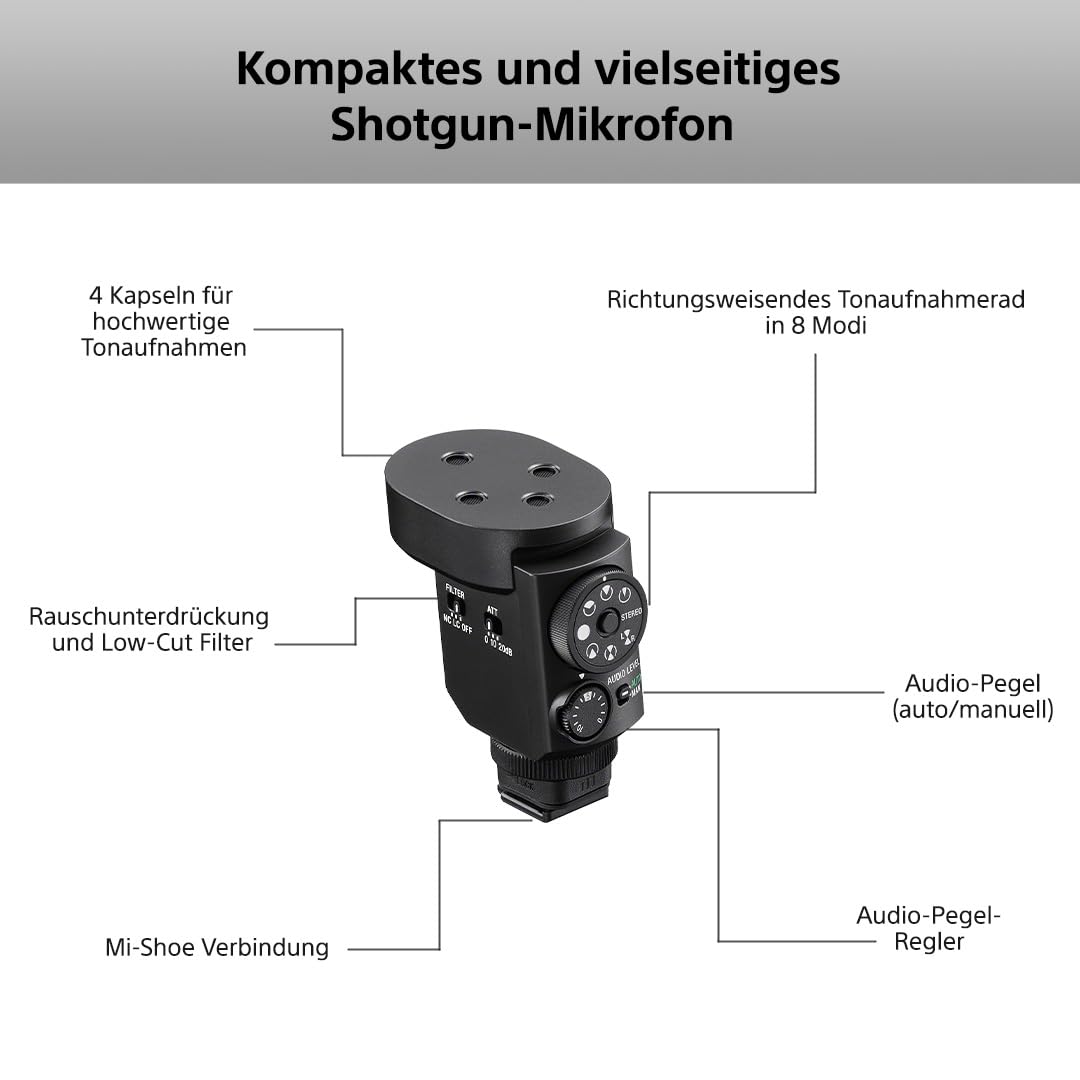 Sony ECM-M1, Kabelloses Shotgun Mikrofon, 8 Audioaufnahme-Modi, Kompakt & Leicht, Ideal für Kameras, Vlogs, Content Kreation, Musik, Streaming