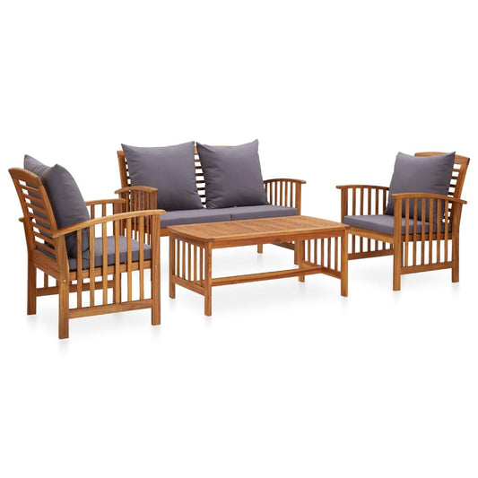 Willood 4-TLG. Garten-Lounge-Set mit Auflagen Gartenmöbel Sofa Lounge Sitzgruppe Gartenset Ecksofa Mittelsofa Massivholz Akazie Grau Bank + 2X Sessel + Tisch
