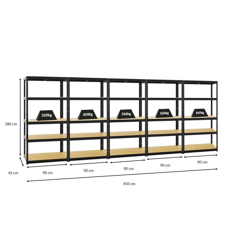 PROREGAL Mega Deal 5er-Set Schwerlastregale Slim Elephant 180x90x45cm mit 5 Ebenen Fachlast 350kg Schwarz
