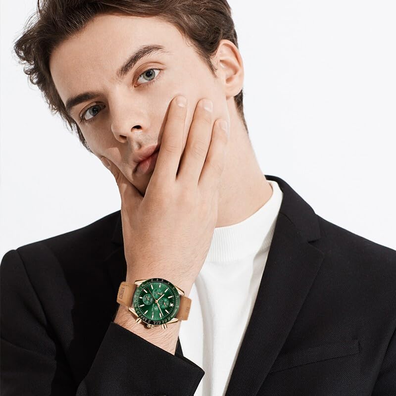 BY BENYAR Herren Business Analoger Chronograph Quarzuhr 30M Wasserdicht Leuchtende Datumsanzeige Modische Freizeituhr Sport Multifunktions Lederuhr.（Gold Grün）