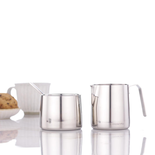 Easyworkz Zuckerdose und Milchkännchen-Set aus Edelstahl, mit Löffel und tropffreiem Ausgießer, stapelbares Design, Chrom