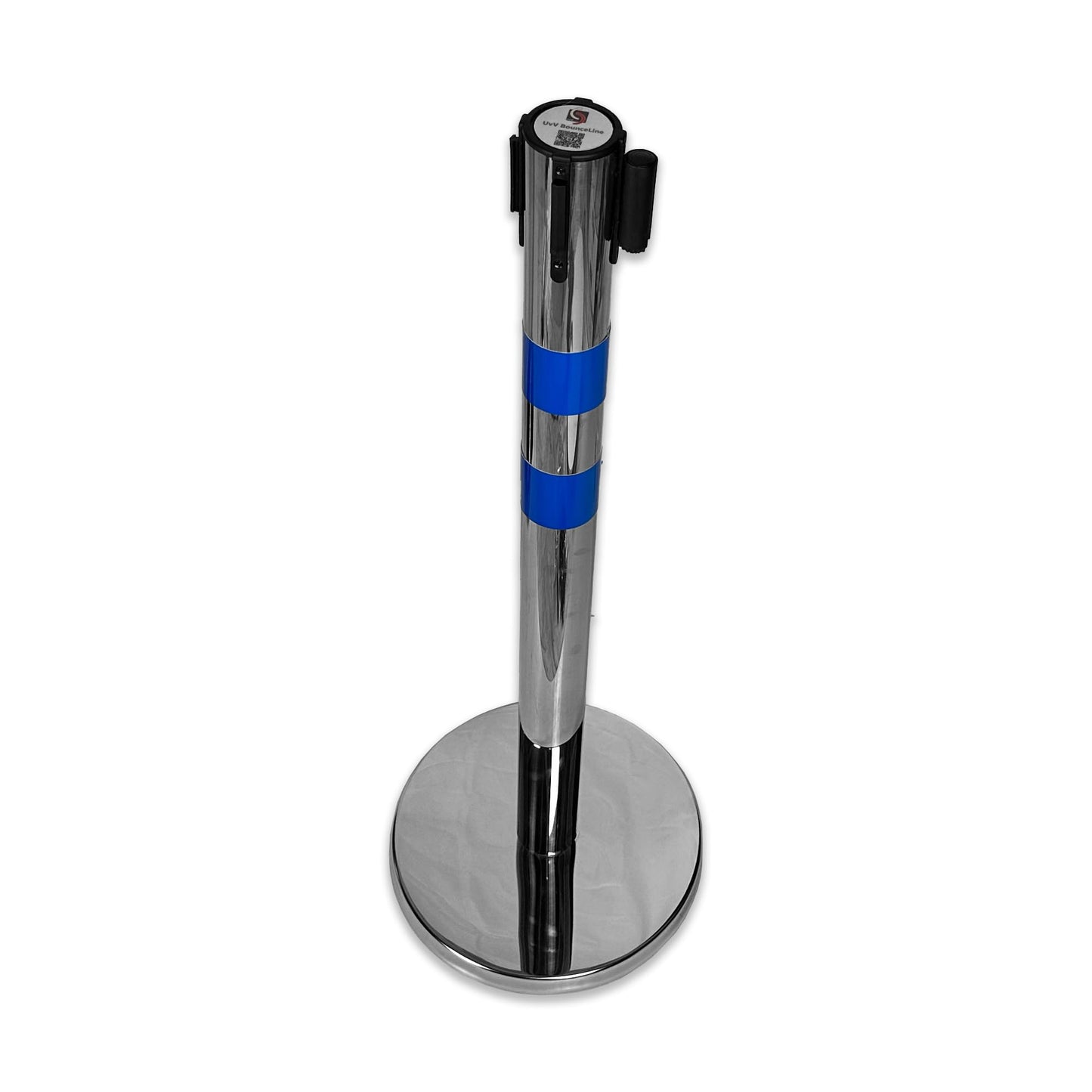 UvV BounceLine Personenleitsystem, Absperrpfosten, Edelstahl, 2 Pfosten 90 cm Hoch je 2 m Gewebeband (Stahl-6 kg (Basic), blau)