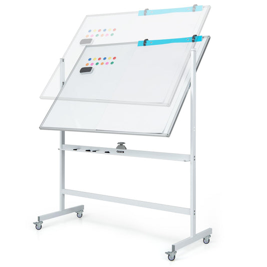 COSTWAY Doppelseitiges mobiles Whiteboard, 120 x 90 cm, Trocken abwischbares magnetisches Whiteboard mit Gittermuster, Rollen, Ständer und Stiftablage, inkl. Zubehör für Büro, Zuhause (Weiß)