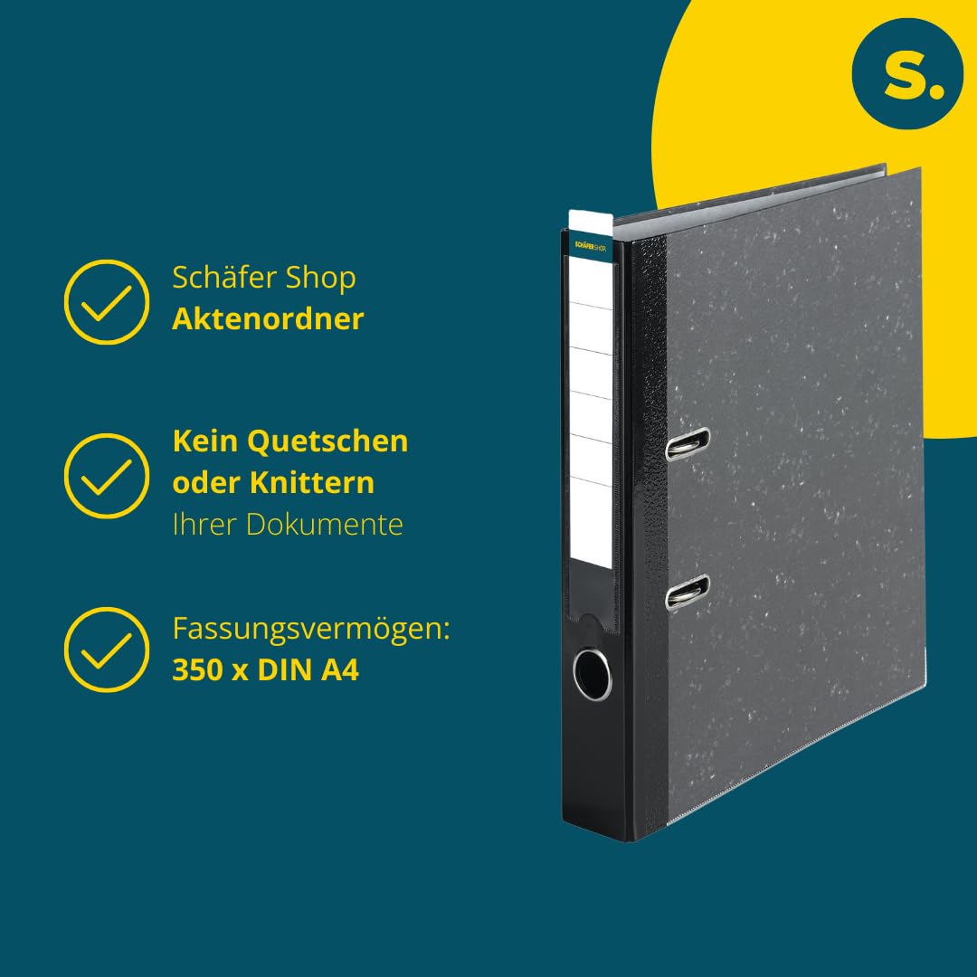 SCHÄFER SHOP Ordner DIN A4 breit – 5 cm Ordnerrücken mit Einsteckrückenschild - Ringbuch Aktenordner Büroordner - Made in Germany - Wolkenmarmor schwarz, 10er Pack