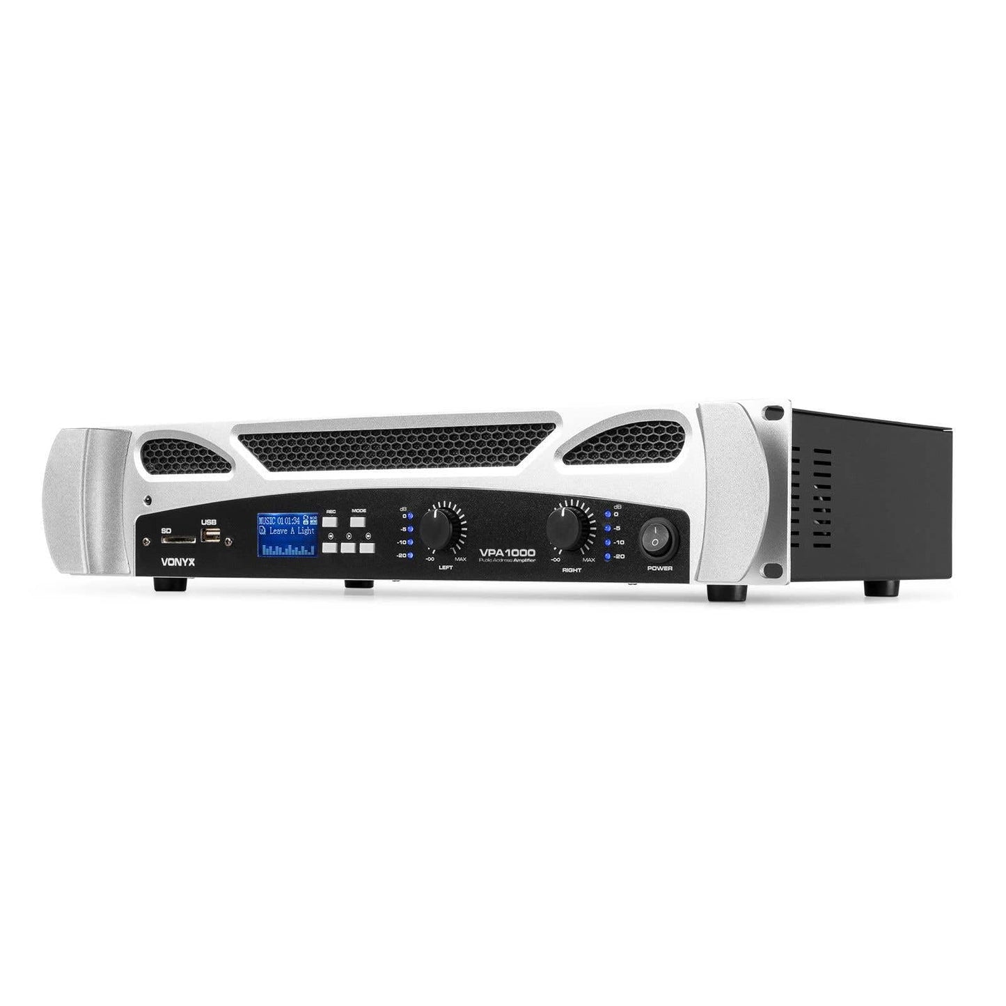 Vonyx VPA1000 PA Verstärker Endstufe 1000 Watt Leistungsverstärker 2x 500 W mit Bluetooth,MP3-Player, USB, SD, 19 Zoll Rack, 2U, RCA Cinch IN, NL2 Out, 6,3mm Klinke IN-OUT, VU-Meter - Schwarzweiß