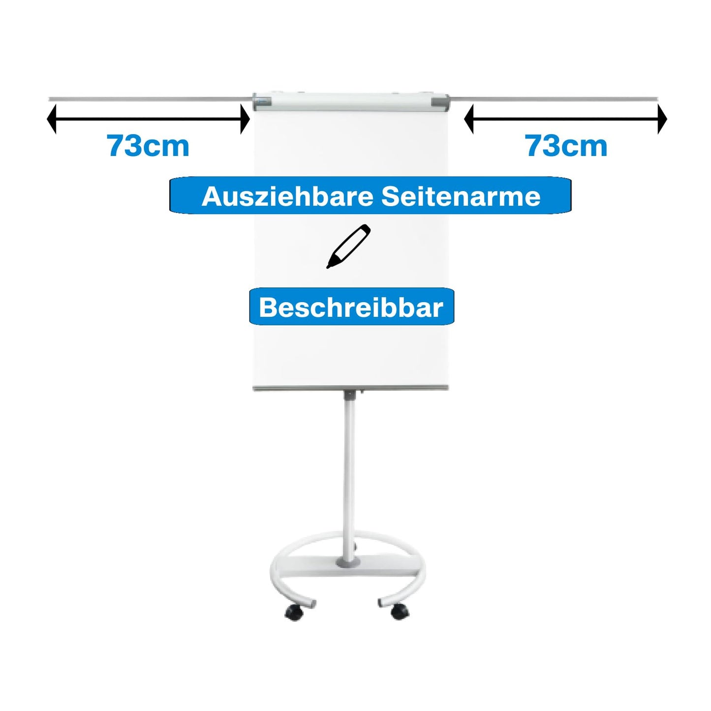 MOB Flipchart Ständer Whiteboard fahrbar mit Rollen Ständer 73x104cm | Höhenverstellbar bis 210cm, Beschreibbar, Trocken abwischbar, magnetisch, Flip Chart mit Magnettafel rollbar & Seitenarmen Shark