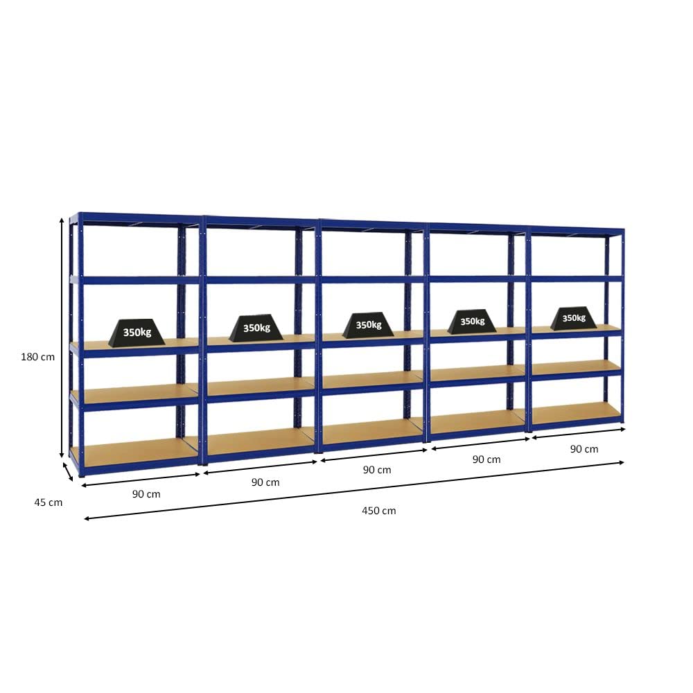 PROREGAL Mega Deal 5er-Set Schwerlastregale Slim Elephant 180x90x45cm mit 5 Ebenen Fachlast 350kg Blau
