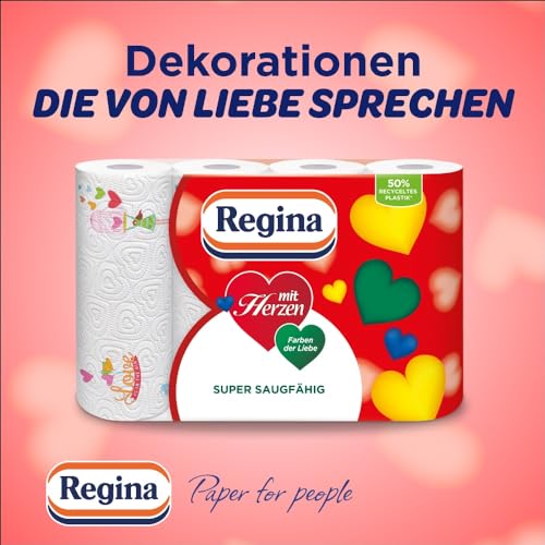 Regina mit Herzen Haushaltstücher 3-lagig, 32 Rollen-Packung (8 x 4 Einzelpackungen), 43 Blatt pro Rolle, Super saugfähig, Dick, Beständig, SC®-zertifiziertes Papier