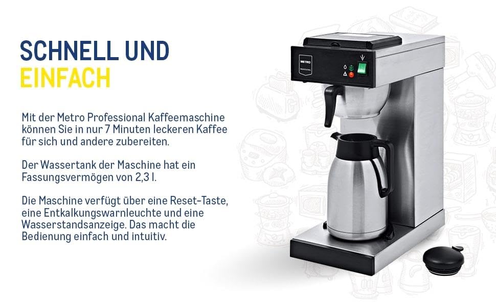 METRO Professional Kaffeemaschine GCA 2101, Edelstahl, 21.5 x 41.5 x 52 cm, 2.3 L (Wassertank), 2000W, mit Thermoskanne (2 L), 100 x Papierfilter, Temperaturbereich: 30-98°C, silber