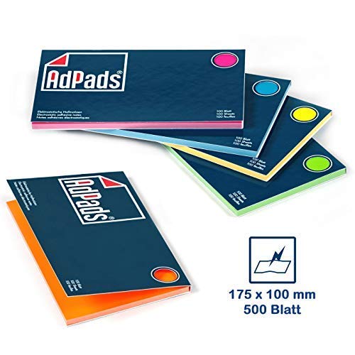 AdPads® elektrostatisch selbstklebende Moderationskarten | 175 x 100mm, 500 Blatt, Set Bunt | Große 