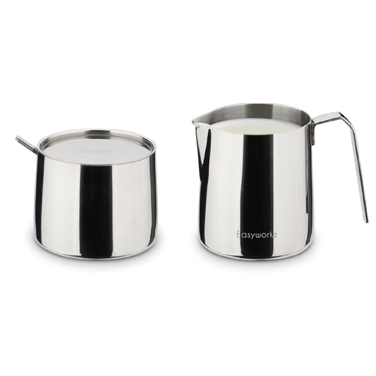 Easyworkz Zuckerdose und Milchkännchen-Set aus Edelstahl, mit Löffel und tropffreiem Ausgießer, stapelbares Design, Chrom