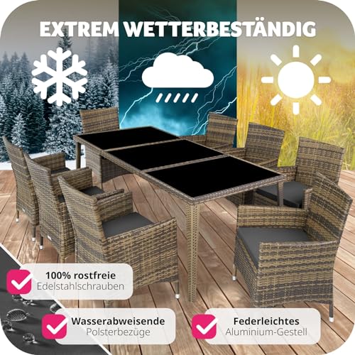 tectake Aluminium Poly Rattan Gartenmöbel Set 8 Stühle mit Tisch mit Glasplatten, inkl. 2 Bezugssets und Schutzhülle, wetterfeste Balkon Möbel - Natur