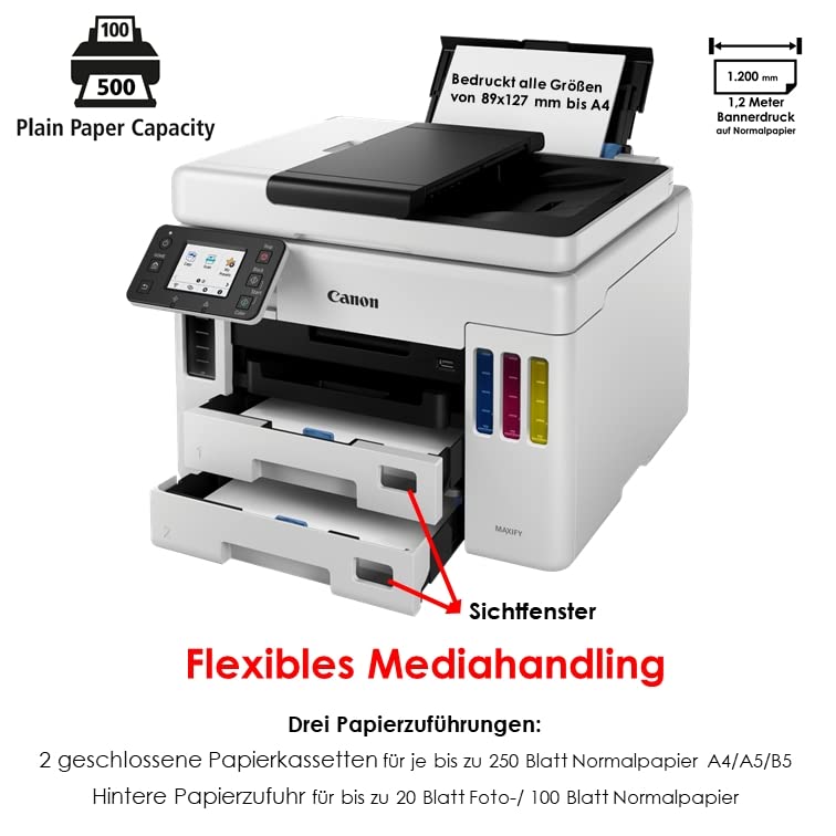 Canon MAXIFY GX7050 MegaTank Multifunktionsdrucker 4in1 (Tintenstrahl, Drucken, Kopieren, Scannen, Faxen, A4, WLAN, LAN, 6,7 cm LCD Touch, Duplex-Druck und -Scan, niedrige Druckkosten, 600 Blatt) weiß