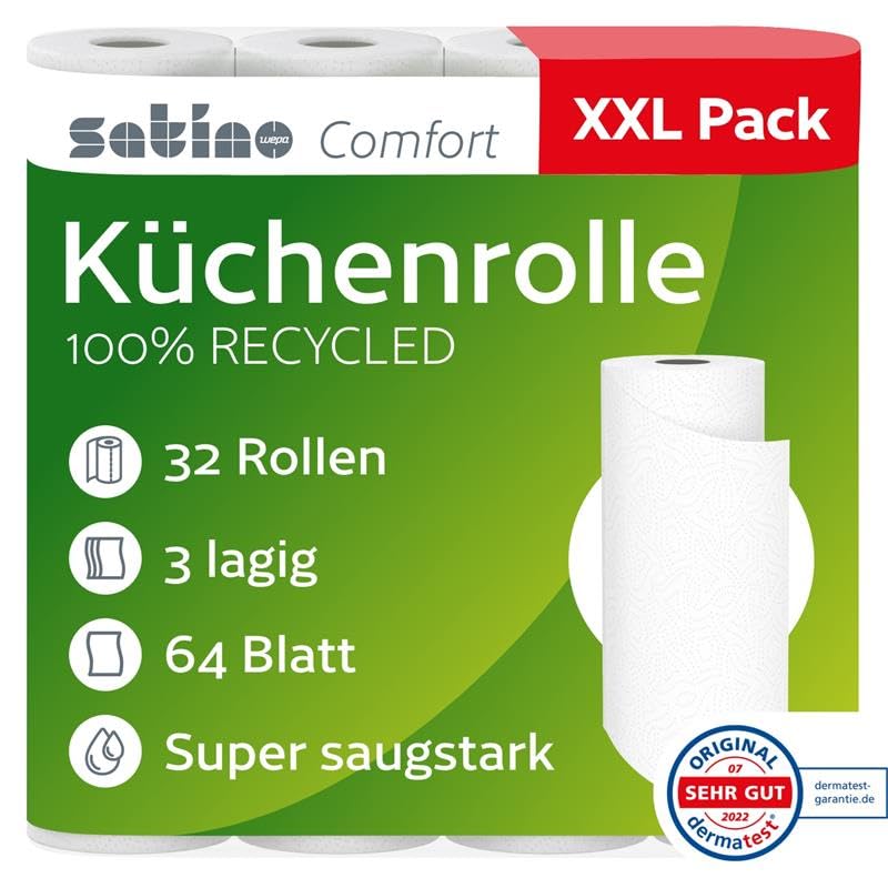 Küchenrolle 3-lagig – 32 Rollen – 64 Blatt pro Rolle - Ø: 10,5 cm/Höhe: 26 cm - saugstark, reißfest & besonders weich dank Zellstoff – Made in Germany - Küchentücher Vorrat – Reserve - Satino