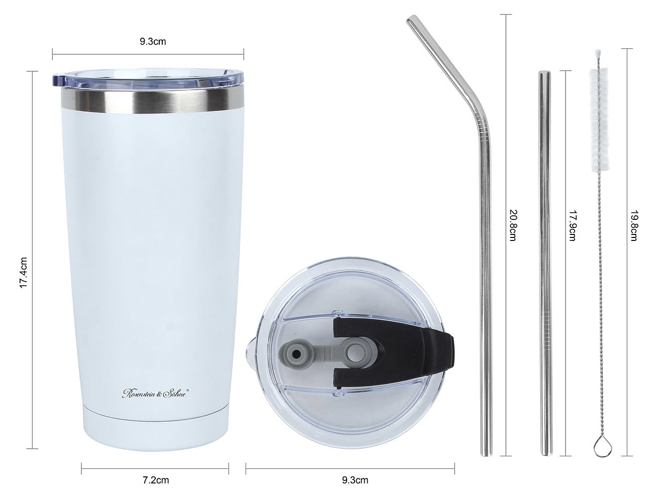 Rosenstein & Söhne Isolierbecher 600 ml – Edelstahl, Weiß, inkl. Deckel & Edelstahl-Strohhalmen