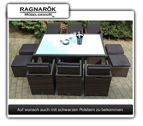 Ragnarök-Möbeldesign PolyRattan Essgruppe DEUTSCHE Marke - EIGNENE Produktion Tisch + 6 Stuhl & 4 Hocker - 8 Jahre GARANTIE - Garten Möbel incl. Glas und Sitzkissen braun Gartenmöbel