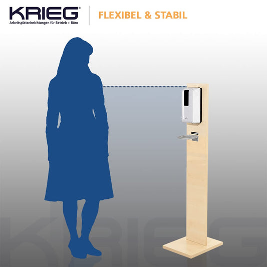 KRIEG Desinfektionsmittelständer Holz Sensor Auffangschale I AHORN I Kontaklose Hygienestation 1000 ml - 333 Sprühstöße I Desinfektionsstation freistehend, Stand, touchless I Ready to go