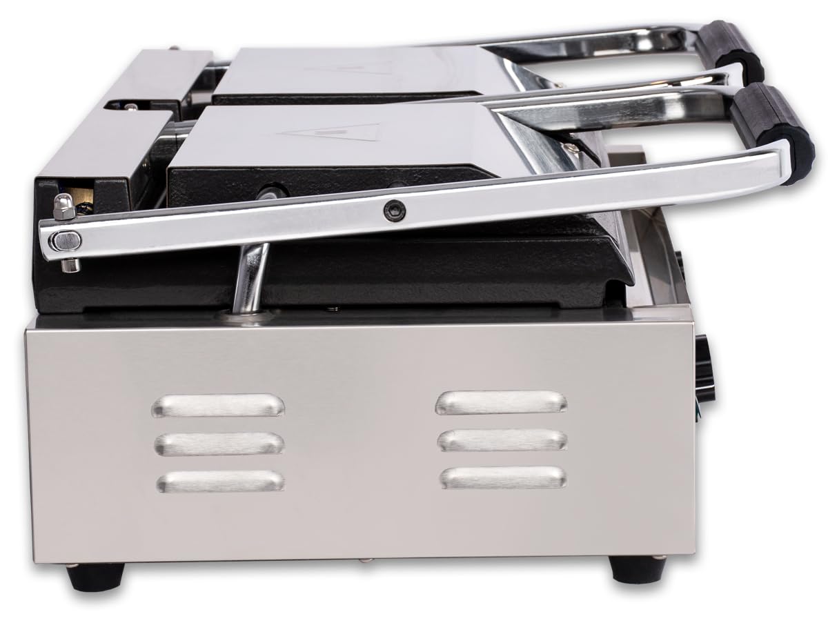 Beeketal 'BKG8' Gastro Doppelt Kontaktgrill mit Gusseisen Grillpatten (oben gerillt unten glatt) mit Fettauffangschale, Profi Edelstahl Elektrogrill ideal als Panini Grill Maker oder Sandwich Toaster