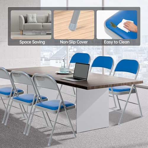 Generisch 4er-Pack Klappstühle mit gepolsterten Sitzen, gepolsterter Klappstuhl mit Stahlrahmen für Veranstaltungen im Home Office, Klappstuhl aus Pu-Leder, blau