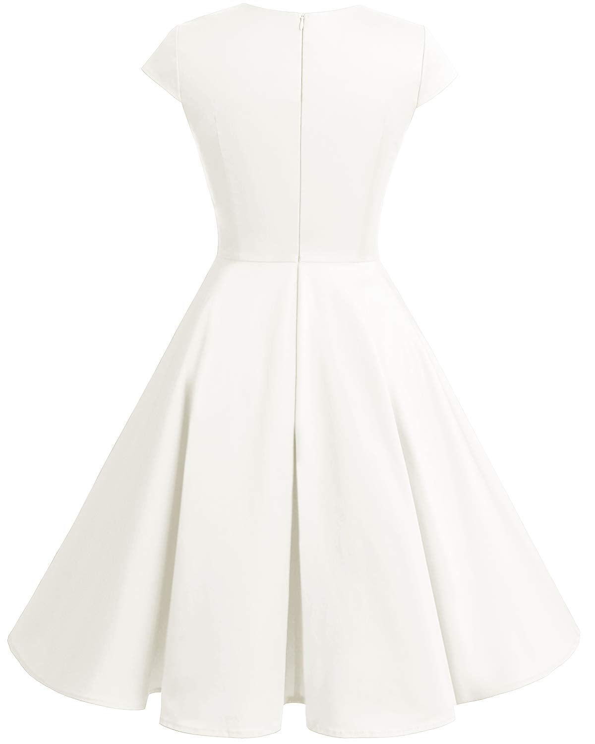 bbonlinedress 1950er Vintage Retro Cocktailkleid Rockabilly V-Ausschnitt Faltenrock White (Creme) M
